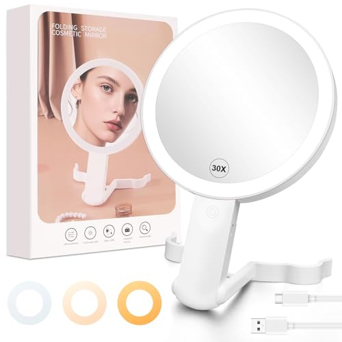 AUAUY Espejo Maquillaje con Luz, Aumento 30X/1X, 3 Modos, Blanco | Espejo Espelho Maquilhagem Portátil, Brillo Ajustable, Colgar Pared de Mesa Mano Portátil, para Dormitorio, Tocador, Viajes