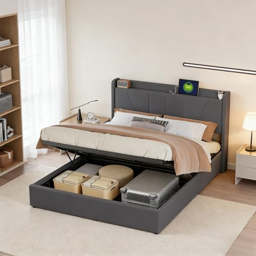 KRYZOR Polsterbett 140x200 cm mit Bettkasten, Hydraulisch Stauraumbett mit LED und USB, Jugendbett mit Verstecktem Stauraum im Kopfteil, Modernes Bettgestell mit Lattenrost (Grau-B, 160x200 cm)
