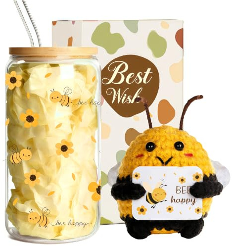 Positive Biene Geschenke für Frauen,Trinkgläser Geschenkset mit Bienen | Bee Happy Geschenkset,Spirituelle Mutmacher Geschenke mit Postive Kartoffel,Glücksbringer Geburtstag für Freundin,Kollegin