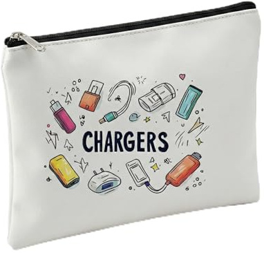 Charger Bag for Travel, White Synthetic Leather Zip Cable Organiser | Slim Rectangular Design, Multicoloured Tech Illustrations, Stores Adaptors, Power Banks And USB Drives In Luggage Or Drawers