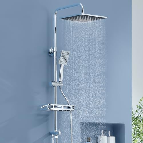 Auralum Regendusche ohne Duscharmatur, Edelstahl Duschsystem mit Bohrfree-ablage, Dusche Komplettset mit Messing-Wasserteiler, 25cmx25cm Duschkopf, Höhenverstellbare Duschstange mit Regendusche, Chrom