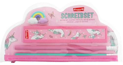 Schreib-Set Motiv Einhorn: Schreib-Set bestehend aus Lineal, Regenbogen-Radiergummi und zwei Bleitstiften in figürlicher Verpackung