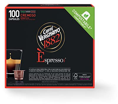 Caffè Vergnano Èspresso1882 - 100 Capsule Caffè Compatibili Nespresso e Compostabili, Cremoso - Pack da 100 capsule
