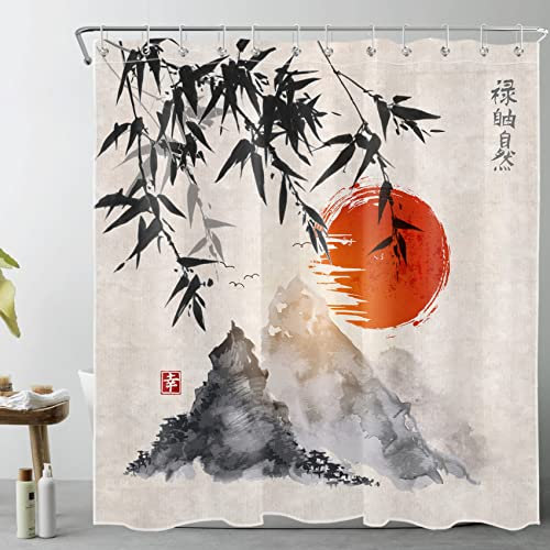 LB Japonais Encre Rideau De Douche en Bambou Soleil et Montagnes Salle De Bain Curttians Anti-Moule Polyester Tissu Résistant À l'eau Accessoires De Maison Décor Ensemble avec 12 Crochets, 180x180cm