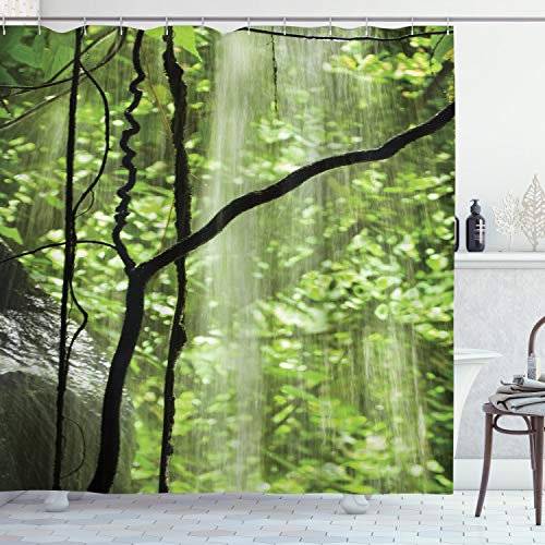 ABAKUHAUS Landschaft Duschvorhang, Dschungel-Wasserfall Baum, Stoffliches Gewebe Badezimmerdekorationsset mit Haken, 175 x 240 cm, Grün und Braun