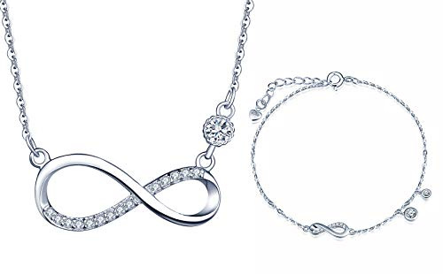 Yumilok Damen-Armkette Halskette Kette mit Unendlichkeit Infinity Symbol Solitär Anhänger Zirkonia Armband Armbänder Armreifen Schmucksets 925 Sterling Silber Geschenk für Frauen Mädchen