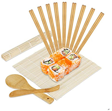 Relaxdays Kit Sushi Bambú, 2 Esterillas, 10 Pares de Palillos, Cuchara Arrocera, Espátula de Arroz, Accesorios, Natural