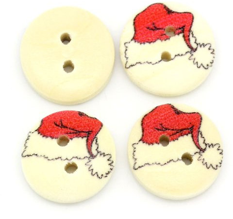 SiAura Material - 100 Stück Runde Holzknöpfe Weihnachten 15mm, Natur, 2 Löcher mit Weihnachtsmütze Muster I Zum Nähen, Basteln und Dekorieren