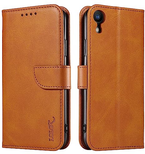 LOLFZ Wallet Case for iPhone XR, Vintage Leather Book Case with Card Holder Kickstand Magnetic Closure Flip Case Cover for iPhone XR - Light Brown