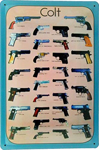 Tin Sign Blechschild 20x30 Colt Pistole Revolver Navy Peacemaker 1911 Python Varianten von Feuer Waffen Kurzwaffen Übersicht Katalog Handgun Firearm