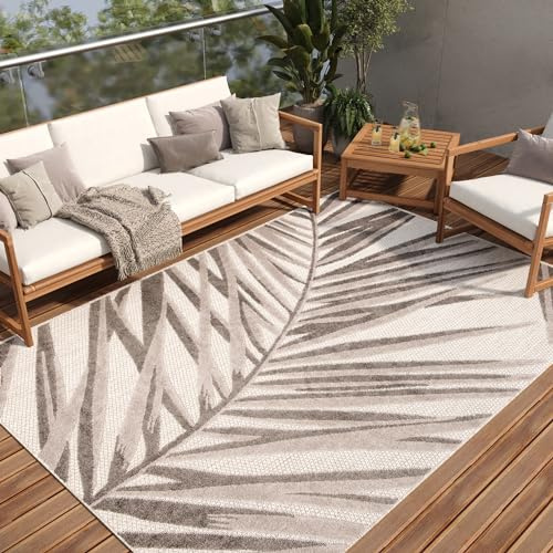 TAPISO Patio Teppich Outdoor Indoor Beige Grau Creme Blätter Sisaloptik Strapazierfähig Wetterfest UV-Beständig Wohnzimmer ÖKO-TEX 120 x 170 cm | strapazierfähiger Teppich UV-beständig Flachgewebe Sisaloptik Robust Wetterfest Terrasse Wintergarten Balkon OEKO-TEX