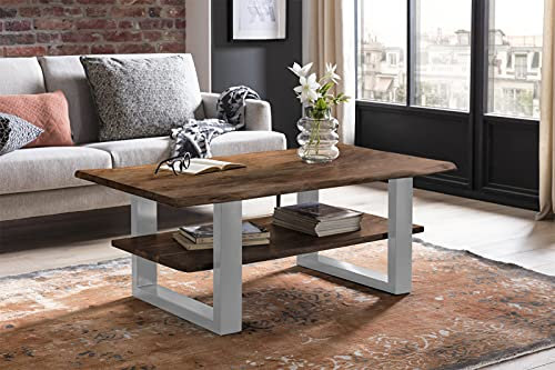 SAM Couchtisch 115x65 cm Patrick, Sofatisch mit Ablage, Akazienholz massiv + nussbaumfarben + lackiert, Beistelltisch mit silbernem U-Metallgestell, echte Baumkante
