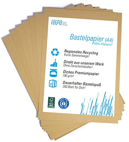 200 Blatt recyceltes Buntpapier Basteln Braun Farbige Pappe Blätter für Kinder A4 190g/m² LEIPA Papier Dekorieren, Tonpapier Bastel-Papier Bastelset Malblock, Vintage/Retro (Braun)