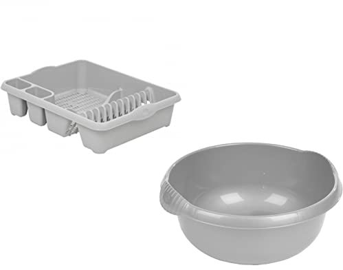 JMS we create smile Set of 2 Plastic Kitchen Large Dish Drainer with 32cm Round Washing Up Bowl (Soft Grey)