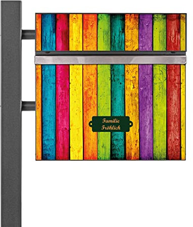 banjado® Standbriefkasten Anthrazit mit Namensschild Bunte Holzlatten & Zeitungsfach/Briefkasten mit Standfuß in Anthrazit/Postkasten A4 Einwurf inkl. Montagematerial & 2 Schlüsseln