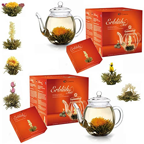 Creano 2x Teeblumen Geschenkset - Erblühtee Frühjahrslese mit 2x 500ml Glaskanne & 12x Weißer Tee - Sparpreis-Set