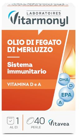 Olio di Fegato di Merluzzo - Ricco di Omega 3 - EPA e DHA - Sistema Immunitario - Salute delle Ossa - 560mg Olio di Pesce - Vitamina A e D - 40 Perle Marine - Vitarmonyl