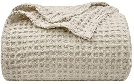 PHF Ultra Soft Waffle Weave Blanket for Bed, Queen Size, Light Khaki/Linen