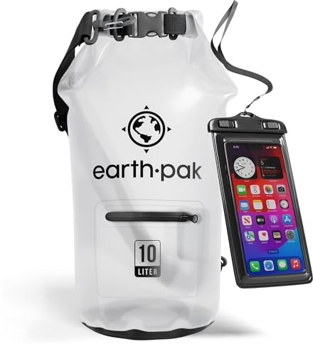 Wasserdichter Packsack 10L - Dry Bag mit Reißverschlusstasche und Rolltop | Dry Bag 10L in Transparent: schwimmfähiger Trockensack mit Reißverschluss-Außentasche und IPX8-Handyhülle