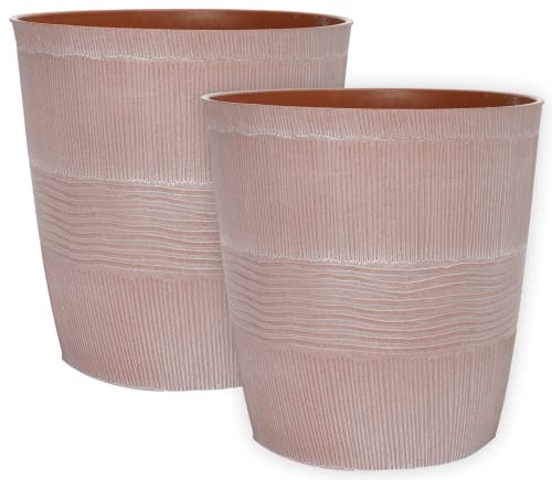 Muddy Hands Set of 2 Aged Terracotta 11 Litre Plant Pots Indoor Home Decorative Houseplant Round Plastic Flower Planters - 26.5cm Diameter - 27cm Height