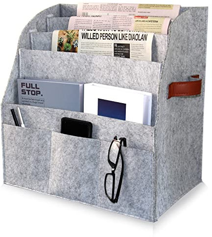 AEESRRU Zeitschriftenständer, faltbarer Aufbewahrungsständer für große Filz-Zeitungskörbe, Zeitschriftensammler, abnehmbare 4-lagige Trennwand, 3 kleine Außentaschen