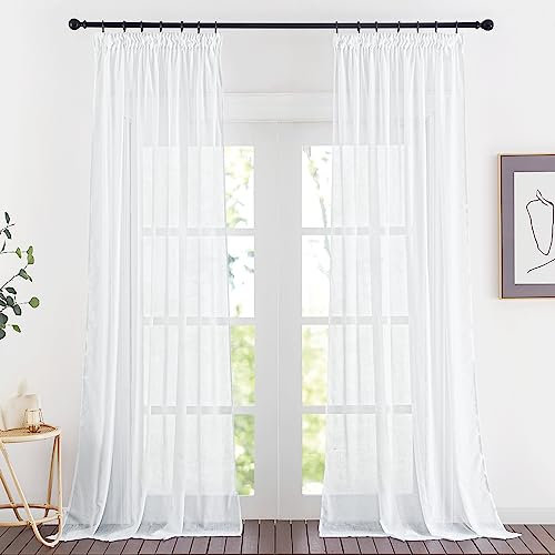PONY DANCE Leinenoptik Gardinen mit Kräuselband Weiß 2er Set H 245 x B 140 cm Wohnzimmer Vorhänge Weiss Halbtransparent Landhaus Gardine Leinen Halbtransparent