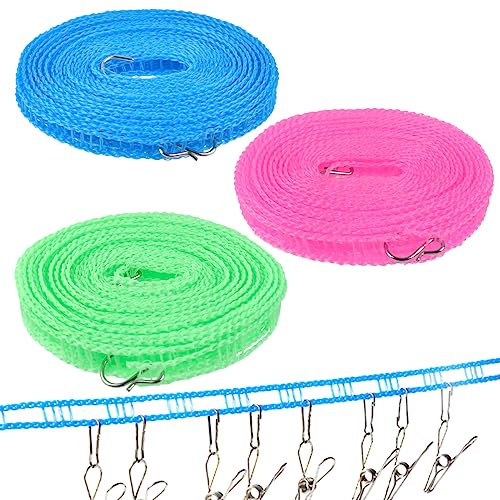 Cuerda Tendedero Exterior 3Pcs TIMSETL 8M Tendedero Portatil Antideslizante y Antiviento Tendederos Plegables para Cámping, Tendedero de Nailon, Tendederos Extensibles para Exterior Jardín