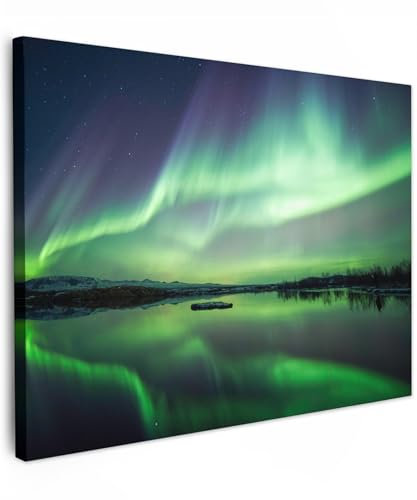 MuchoWow© Bilder 40x30 cm Wohnzimmer Deko Modern Wandbild Foto auf Leinwand Bild Schlafzimmer Room Decor Geschenke Landschaftsbilder - Natur - Nordlichter - See - Grün - Wald - Schnee