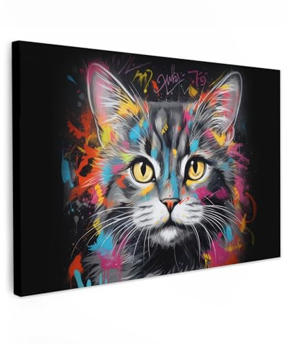MuchoWow© Impression sur Toile Peinture 90x60 cm Tableau Mural Decoration Salon Reproductions de Tableaux Murale Moderne Chat - Graffiti - Animaux - Couleurs - Gris