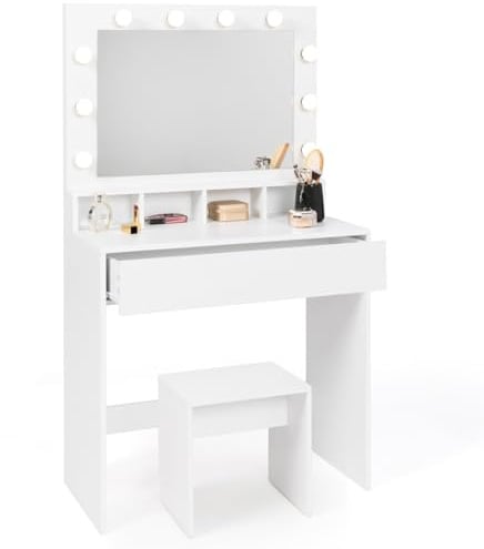 IDMarket - Frisierplatz Zelia LED-Spiegel mit 4 Nischen, 1 Schublade und Hocker