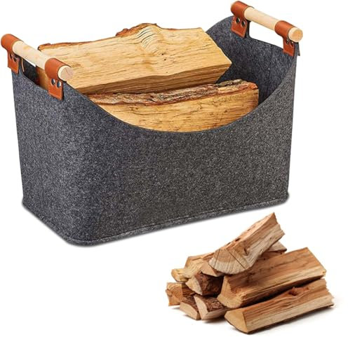 XXL Kaminholzkorb mit Verstärkter Griff: Nizirioo Holzkorb für Kaminholz Brennholzkorb Filzkorb Dicker Filz Faltbar Groß Holzkorb für Kaminholz für Spielzeug, Kleidung, Obst, Brennholz 45 x 32 x 40 cm