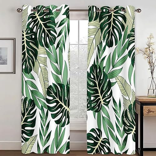KARPIX Rideaux opaques - Plantes tropicales - Feuilles de palmier - Monstera - Rideau occultant - Thème naturel - Avec œillets - Pour chambre d'enfant (3, 100 x 140 cm (2 x 50 x 140 cm)