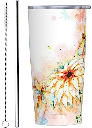 RFSHOP Flying Dragonflies Lilie Flower Edelstahl Kaffeetasse, tragbarer, umweltfreundlicher Reisebecher, isoliert und auslaufsicher, ideal für heiße/kalte Getränke, 590 ml