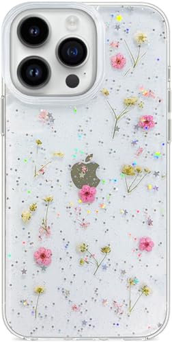 Abbery Handyhülle für iPhone 15 Pro Max Hülle Durchsichtig Echte Getrocknete Blumen Weltraum Motiv Muster Glitzer Silikon Frauen Mädchen Stoßfeste Anti-Kratzer (Gypsophila, für iPhone 15 Pro Max)