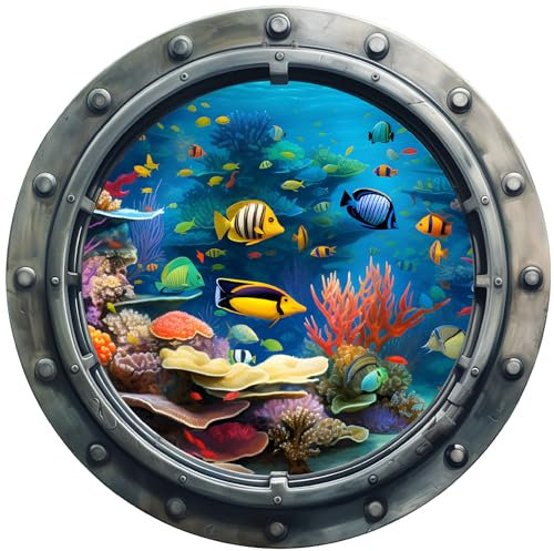 Samunshi Wandtattoo Bullauge mit Unterwasserwelt Fenster in andere Welt Portal Schiffsfenster Kinderzimmer Wandaufkleber (50x50cm Unterwasserwelt)