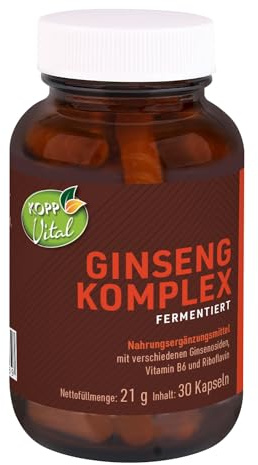 KOPP Vital® Ginsengkomplex fermentiert Kapseln, 21 g, 30 Kapseln | 4 Ginsengsorten als Extrakte, nicht nur Pulver, Panax Ginsenosiden Eleutheroside Flavonoiden, zusätzlich Vitamine B2 B6