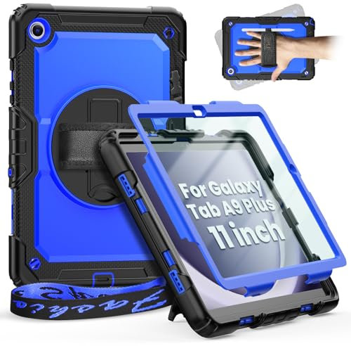 Timecity Case For Samsung Galaxy A9 Plus/ A9+ Plus 11 Inch tablet 2023, Shockproof Case with Screen Protector, 360 Rotating Stand/Hand Strap/Pencil Holder, Hard case, Blue