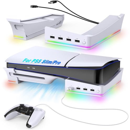 RGB Horizontal Stand for PS5 Pro / Slim Console Accessories with 14 Light Mode and 4 USB Hubs, Side Stand for PlayStation 5 Pro Slim Disc & Digital, Base Holder with Fast Controller Charging, White