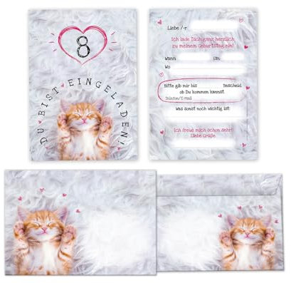 Minkocards 12 Einladungskarten incl. 12 Umschläge zum 8. Kindergeburtstag Mädchen Katze Einladungen zum achten Mädchengeburtstag Geburtstagseinladungen