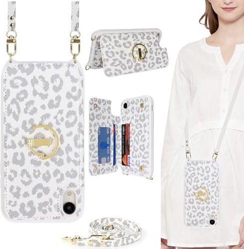 ELTEKER for iPhone XR Phone Case with Card Holder and Strap,PU Leather Wallet Case Flip Cover with Crossbody Lanyard Strap for iPhone XR (6.1 Inch)-White Leopord