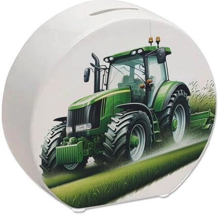 Traktor bei der Feldarbeit Spardose Neuer Trecker Sparschwein Grüner Traktor fährt über Feld Landwirtschaftliche Acker-Arbeit Agrarmaschine Fahrzeug Motiv