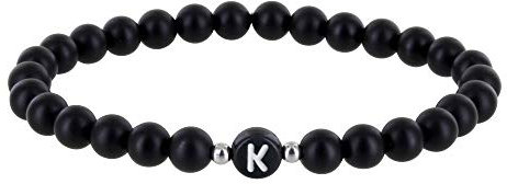 Glückschmiede Perlenarmband mit Buchstaben von A-Z, silberne Zwischenperlen, matt schwarz, Freundschaftsarmband, Pärchenarmband, Onyx Naturstein, Perlenkette, Damen, Herren, Kinder (Buchstabe K)