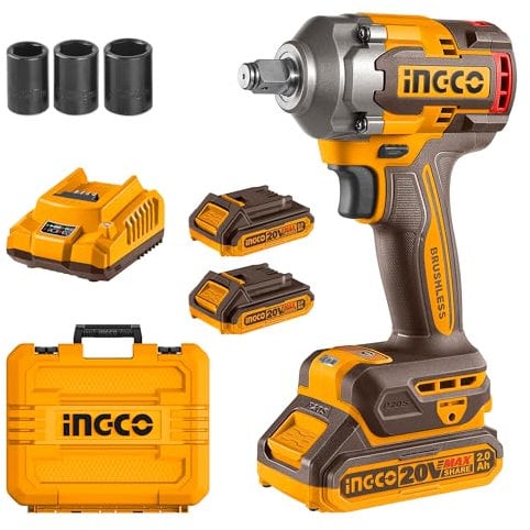 Ingco Brushless Impact Wrench 400NM Nut-Busting Torque: 550Nm, 1/2 20V Cordless Impact Gun, Variable Speed 2300RPM, 2900BPM with 2Pcs 2.0Ah Battery and 1Pcs Charger CIWLI2040