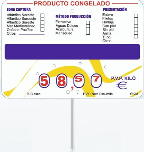 BALSAT Portaprecios pescaderia, pincho pescaderia, Con registro sanitario, Cartel para pescaderia, precios de pescaderia, pizarra precios, pincho pescaderia Mod.: Congelado - 12 ud.