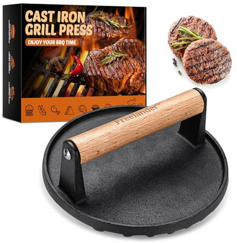 Freelander Burger Smasher Gusseisen, Groß Smash Burger Press Rund 1kg mit Hitzeabweisendem Griff, Grillpresse für Steaks, Burger, Speck, Würstchen und Sandwiches