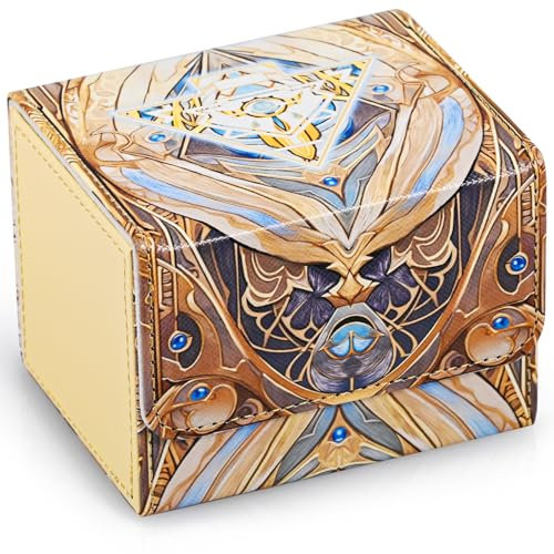 UAONO Deck Box for MTG Cards, Trading Card Storage Box Holds 120+ Sleeved Commander Deck, PU Leather Card Box Suits TCG Magic Cards with 2 Dividers (Light Yellow,Puzzle)