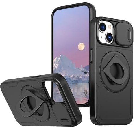 ELESNOW Case for iPhone 15, Compatible with Magsafe Phone Case Camera Cover & Rotatable Ring Stand Shockproof Magnetic Rugged Protective Cover Case for Apple iPhone 15 (Black)