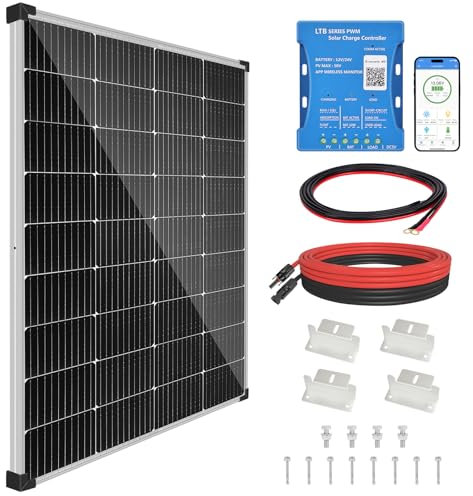 DERUXI Kit de Panneau Solaire 180W 12V Système Hors Réseau: Panneau Solaire Monocristallin 180W+Contrôleur de Charge PWM Bluetooth 20A 12V/24V+Câbles Solaires+Supports en Z pour Camping Caravane
