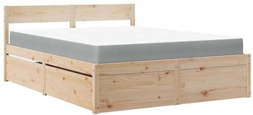 vidaXL Bett, Bettgestell mit Schubladen Taschenfederkernmatratze, Holzbett für Schlafzimmer, Doppelbett, 140x200cm Massivholz Kiefer