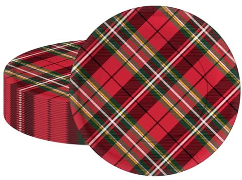 LeZakaa 25Pcs Christmas Paper Plates - Vintage Red and Black Plaid Design Disposable Party Plates Decorative Tableware Supplies Table Decor - 9 Inch